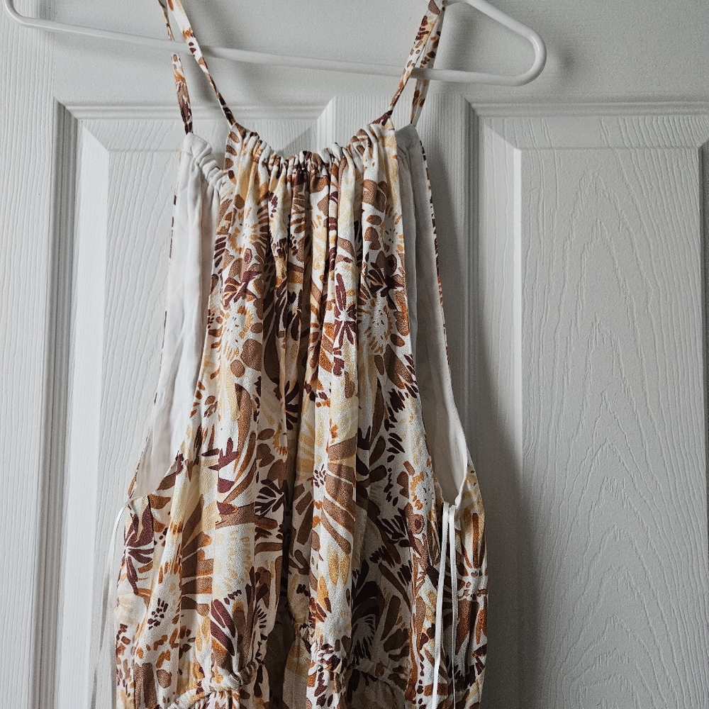 NWT Dress Womens XL Brown Floral Halter Maxi Pleat Slit Neutral Sundress Resort - Picture 6 of 6